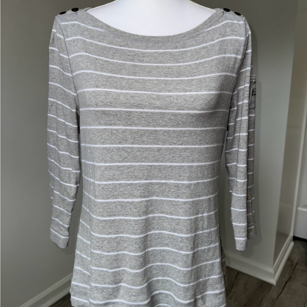 Lauren Ralph Lauren Gray White Stripe Boatneck Top XL Buttons 3/4‎ Sleeve Tee